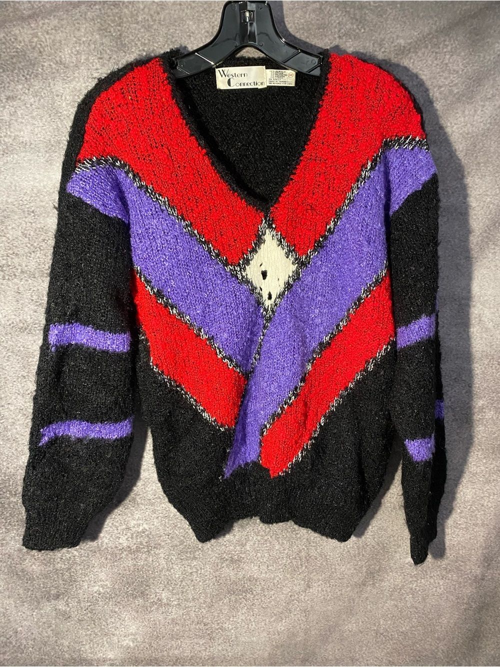 VTG 80s Western Connection V-Neck Boucle Knit Sweater Chevron Argyle M Distress